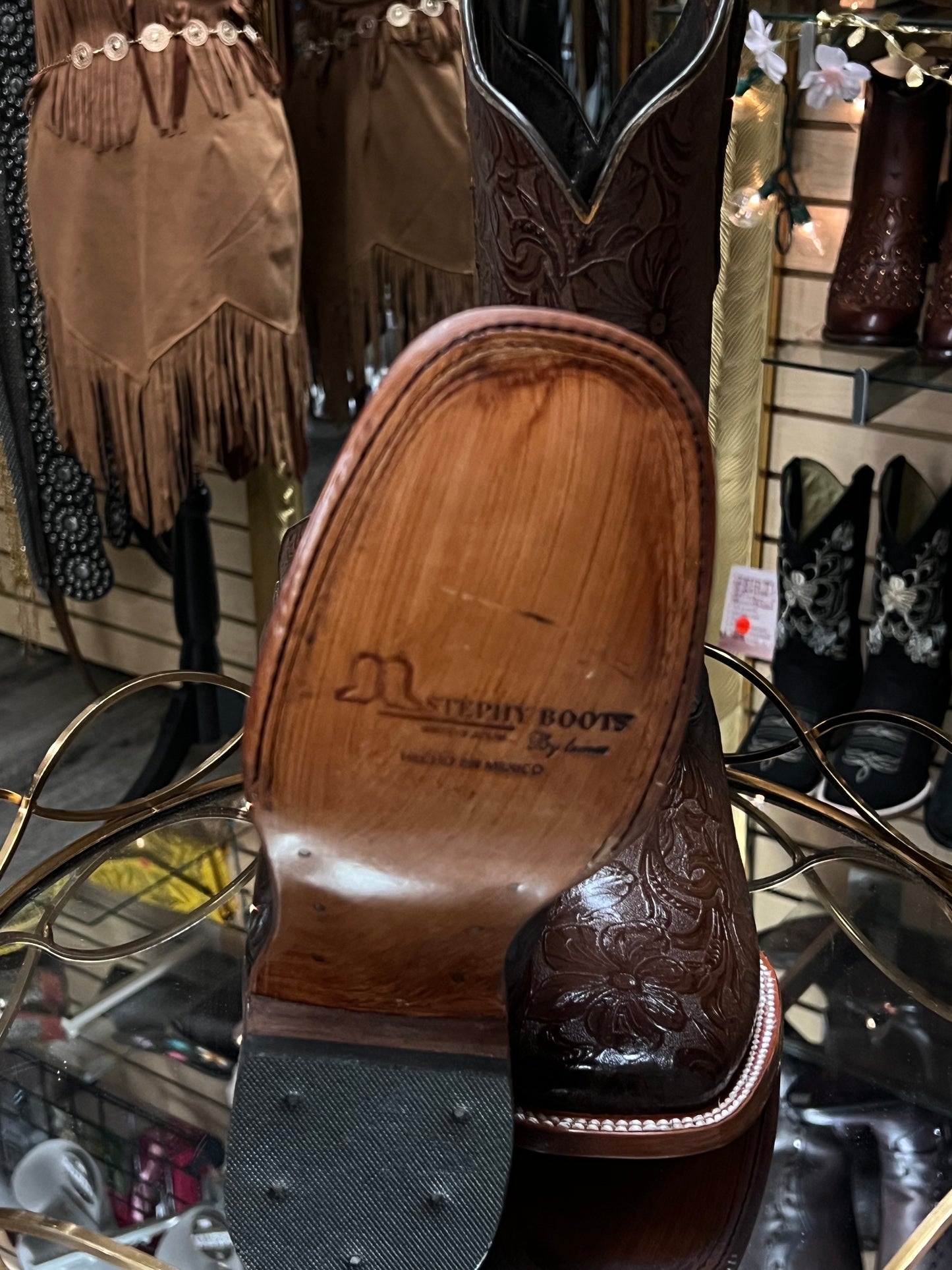 Esther | Square Toe Hand-tooled Boots Brown