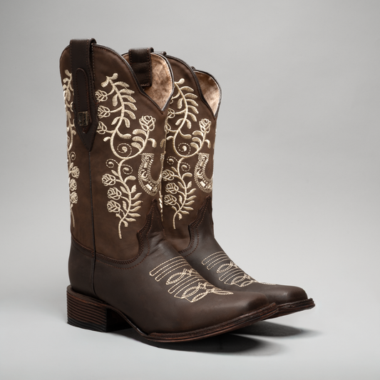 HERRADURA| WOMEN'S EMBROIDERED SQUARE TOE COWBOY BOOTS BROWN
