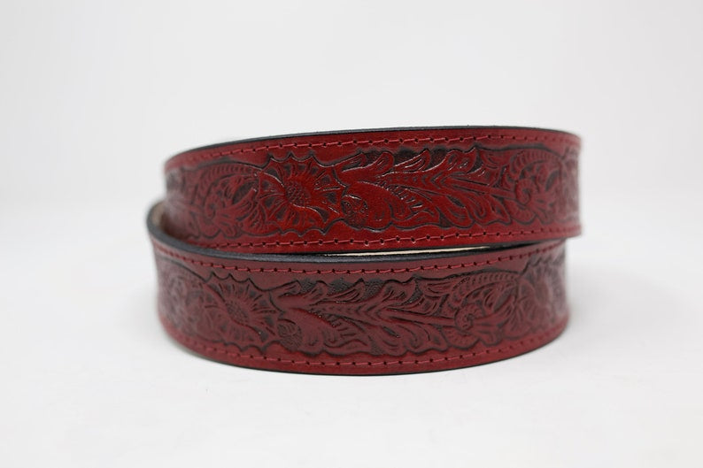 Red Flower HandTooled Belt, (1.5'') Hand Painted Leather Belt with Removable Western Buckle