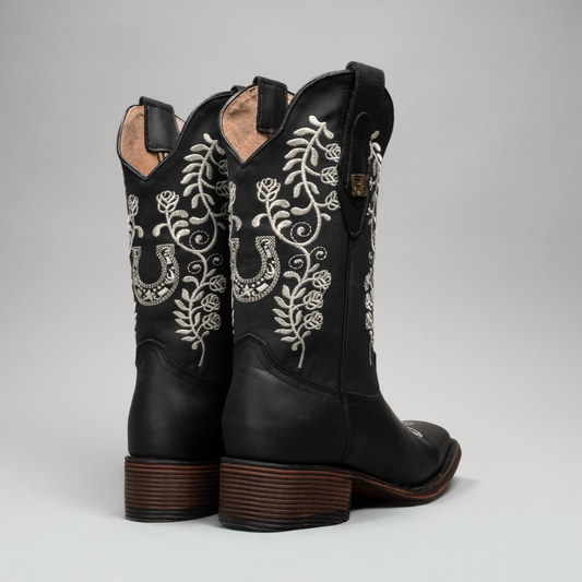 HERRADURA| WOMEN'S EMBROIDERED SQUARE TOE COWBOY BOOTS BLACK