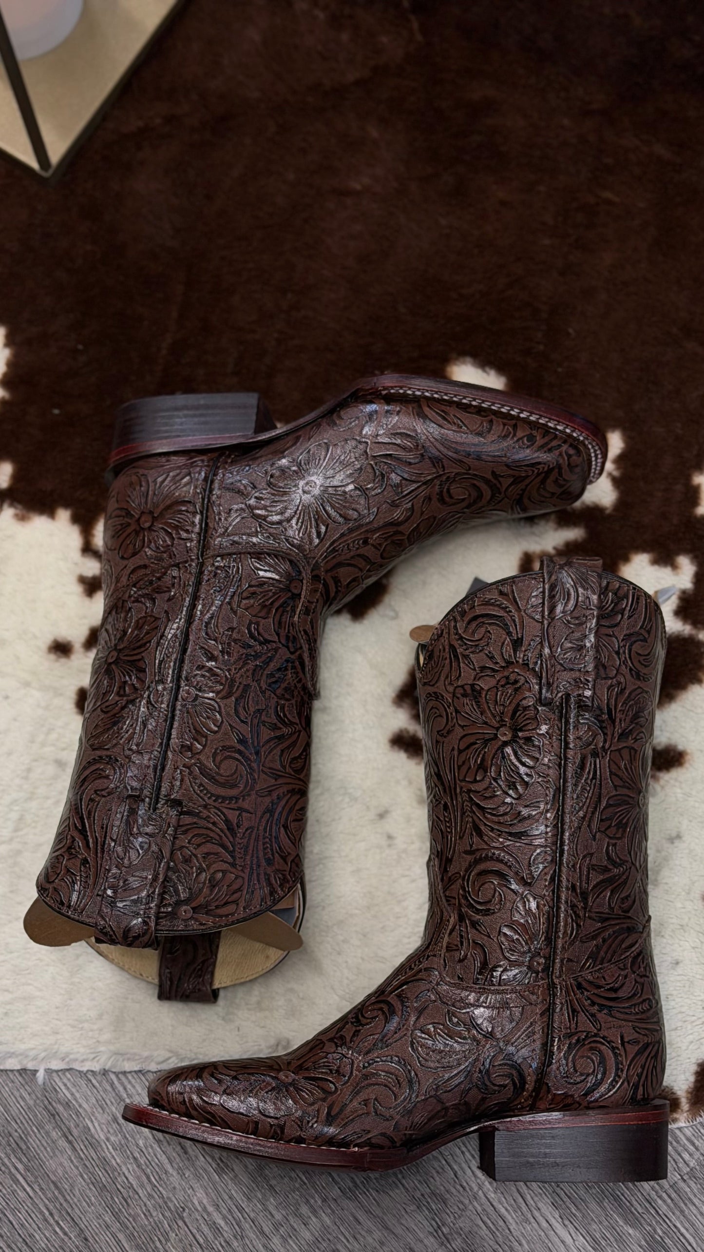Women Brown Hand Tooled Print Wide Square Toe Boot