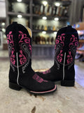 Women's Norma Black Nobuck with Hot Pink Stems Leather Square Toe Rodeo Boot