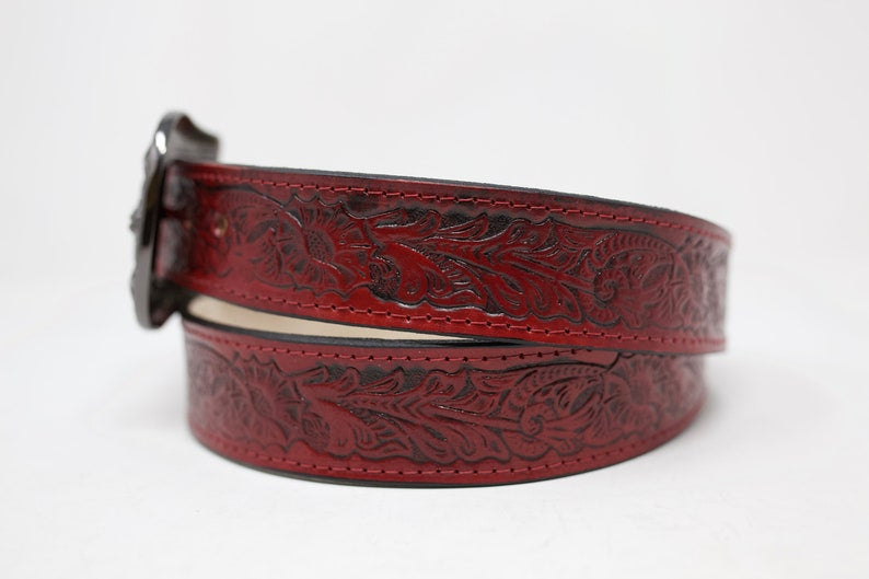 Red Flower HandTooled Belt, (1.5'') Hand Painted Leather Belt with Removable Western Buckle