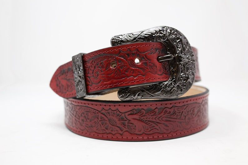 Red Flower HandTooled Belt, (1.5'') Hand Painted Leather Belt with Removable Western Buckle