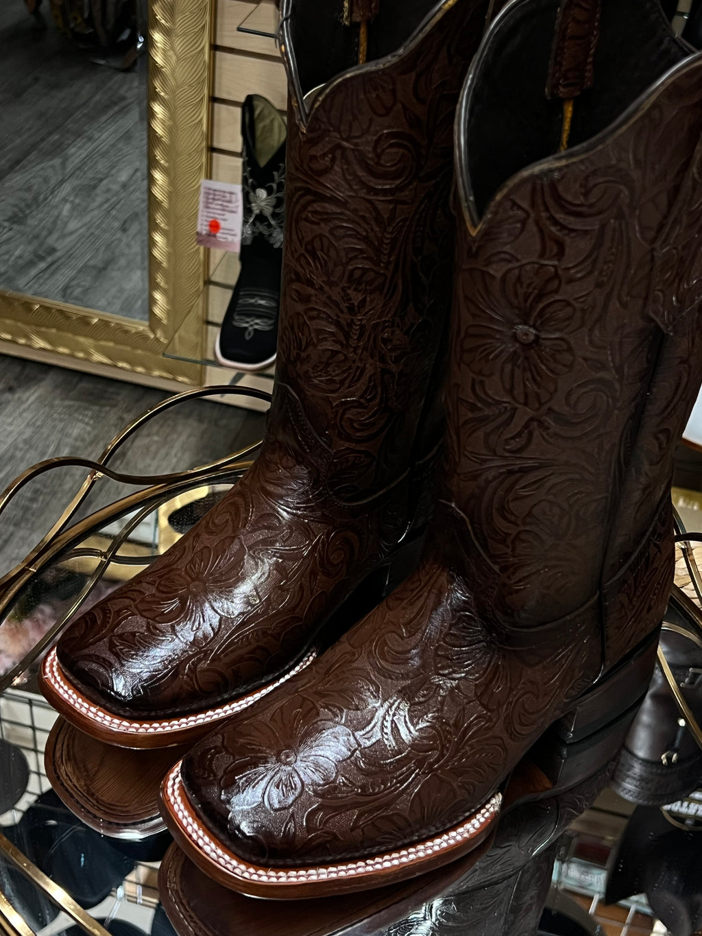 Esther | Square Toe Hand-tooled Boots Brown