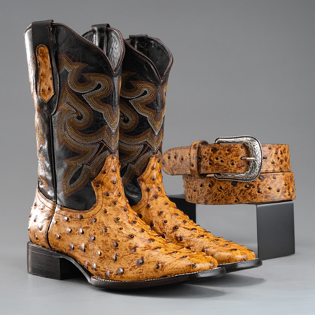 MEN'S OSTRICH SQUARE TOE COWBOY BOOTS AND BELT COMBO