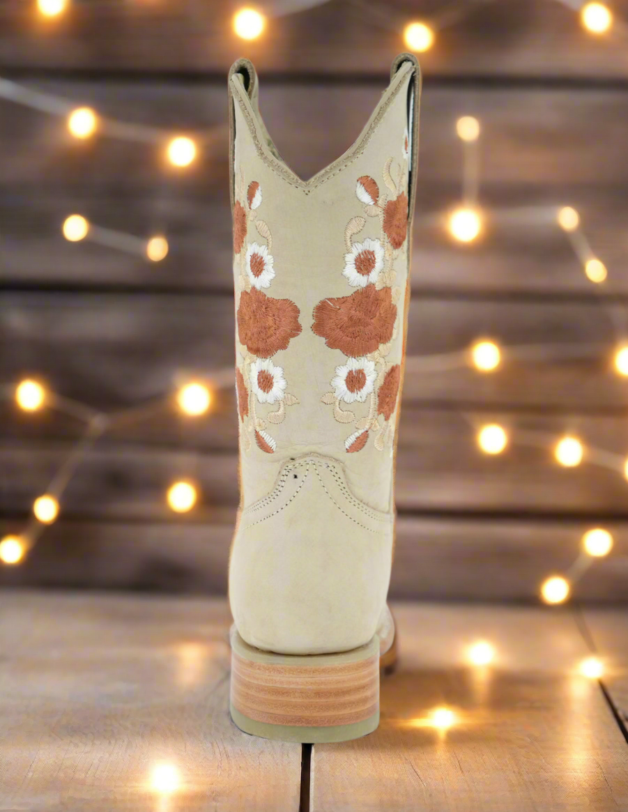 Kimy| Women's Nobuck Bone Floral Square Toe Boot