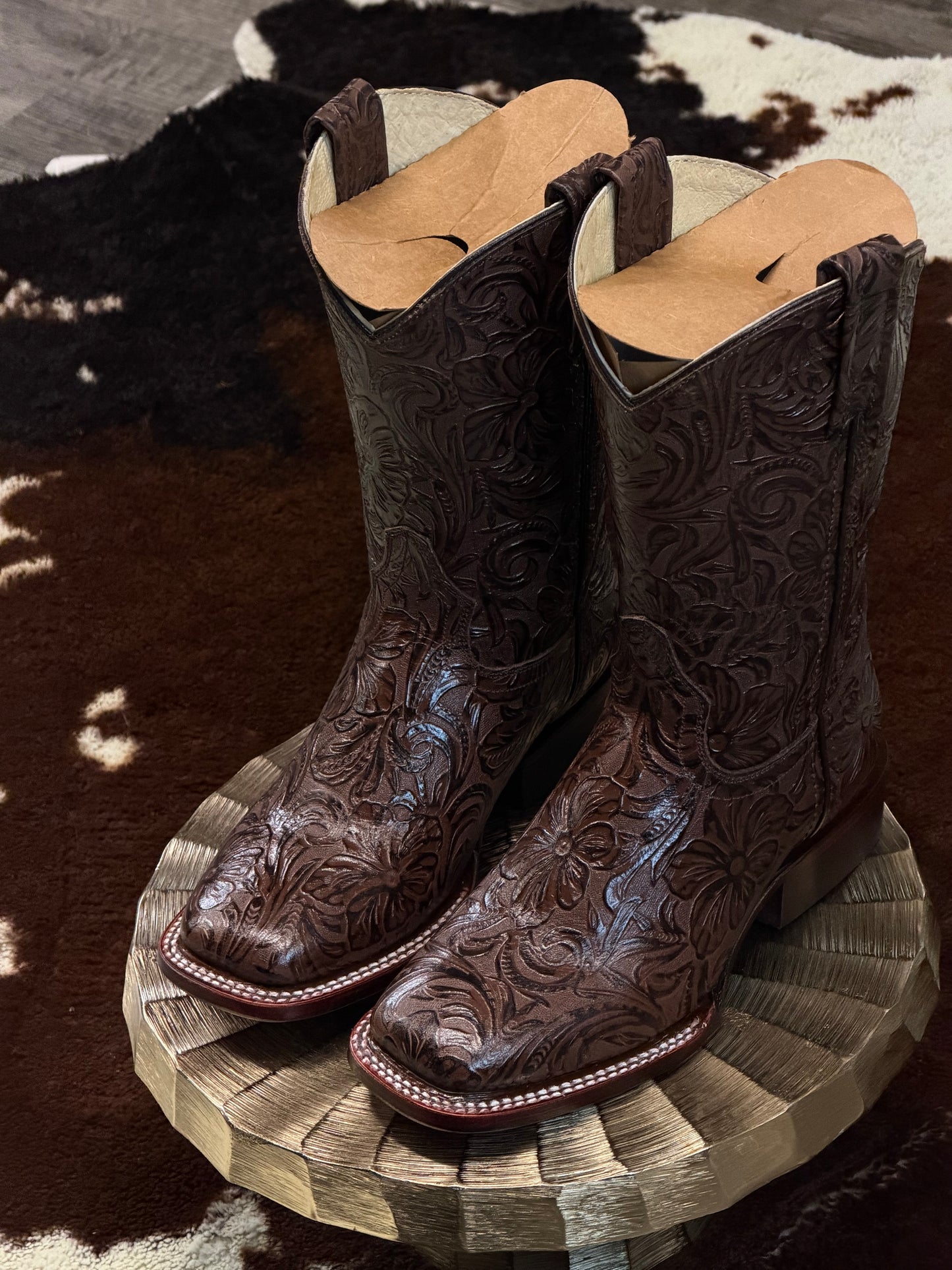 Women Brown Hand Tooled Print Wide Square Toe Boot