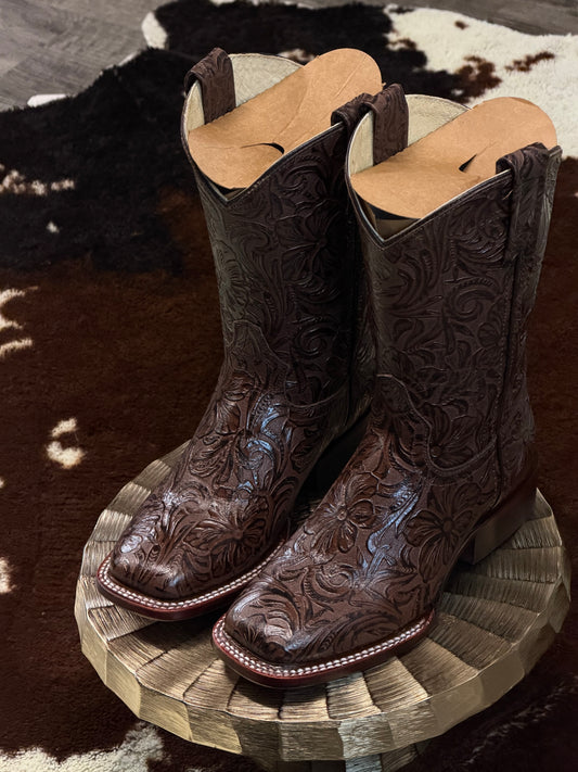 Women Brown Hand Tooled Print Wide Square Toe Boot
