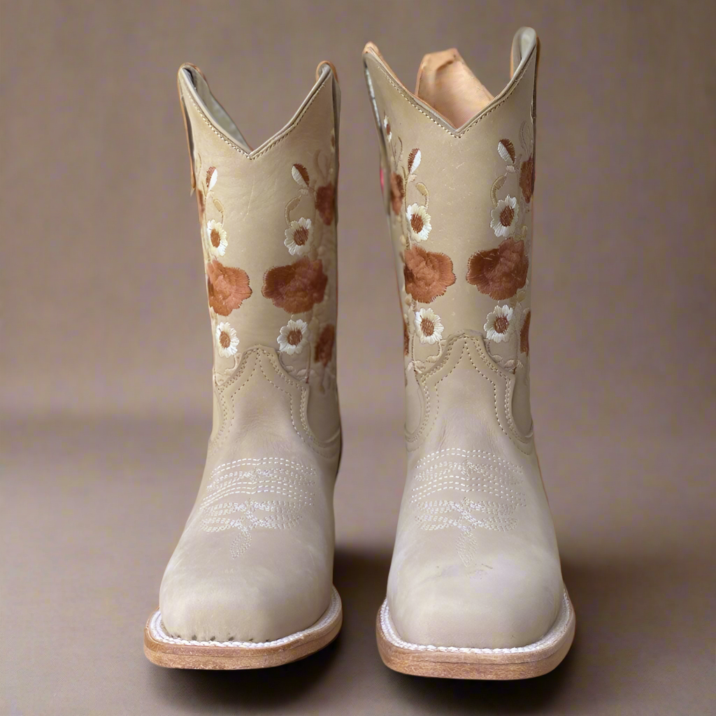 Kimy| Women's Nobuck Bone Floral Square Toe Boot