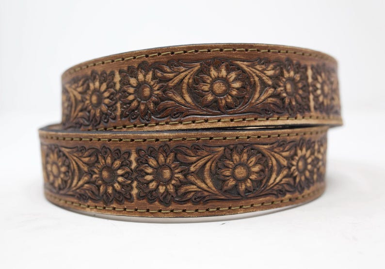 HandTooled Sunflower Belt, (1.5’’) Hand Painted Belt with Removable Rope Edge Western Sunflower Buckle