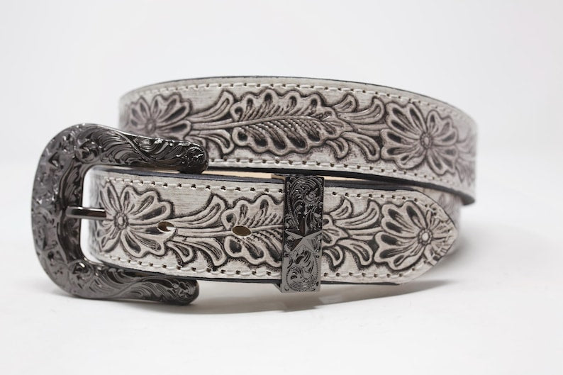 HandTooled Floral Belt, (1.5’’) Hand Painted Leather Belt with Removable Western Buckle