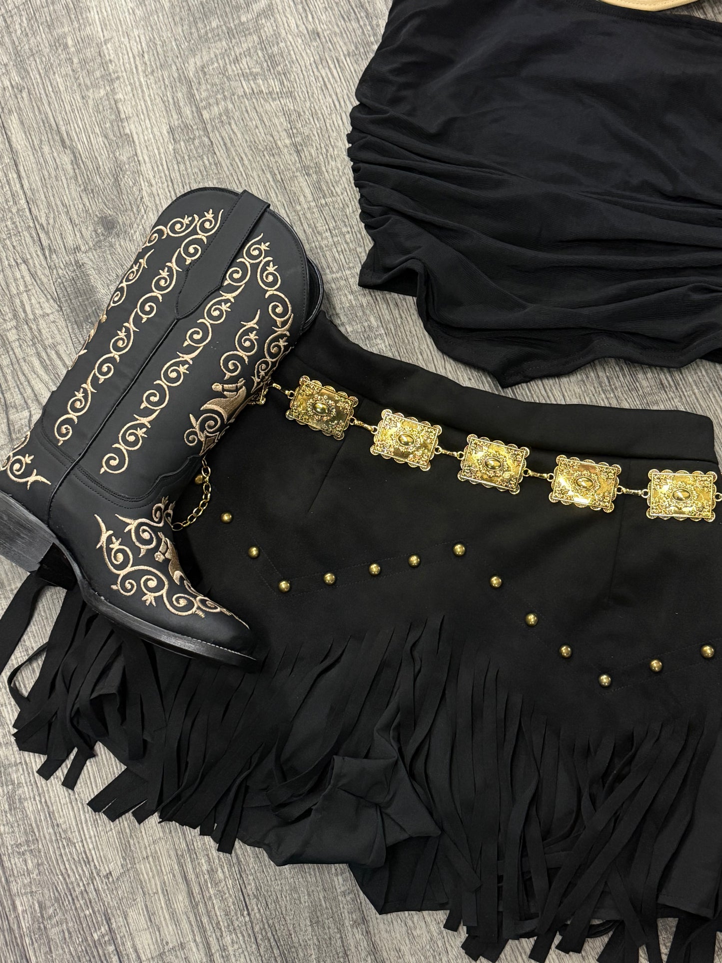 Andrea|Black Fringe Suede Skort