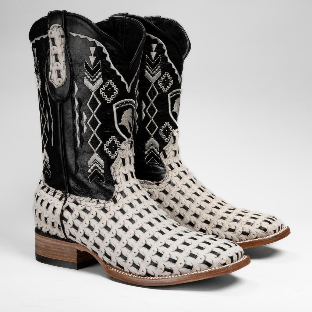 MEN'S BRAIDED LEATHER AND HAIR TRIBUTE SQUARE TOE BOOT (White)
