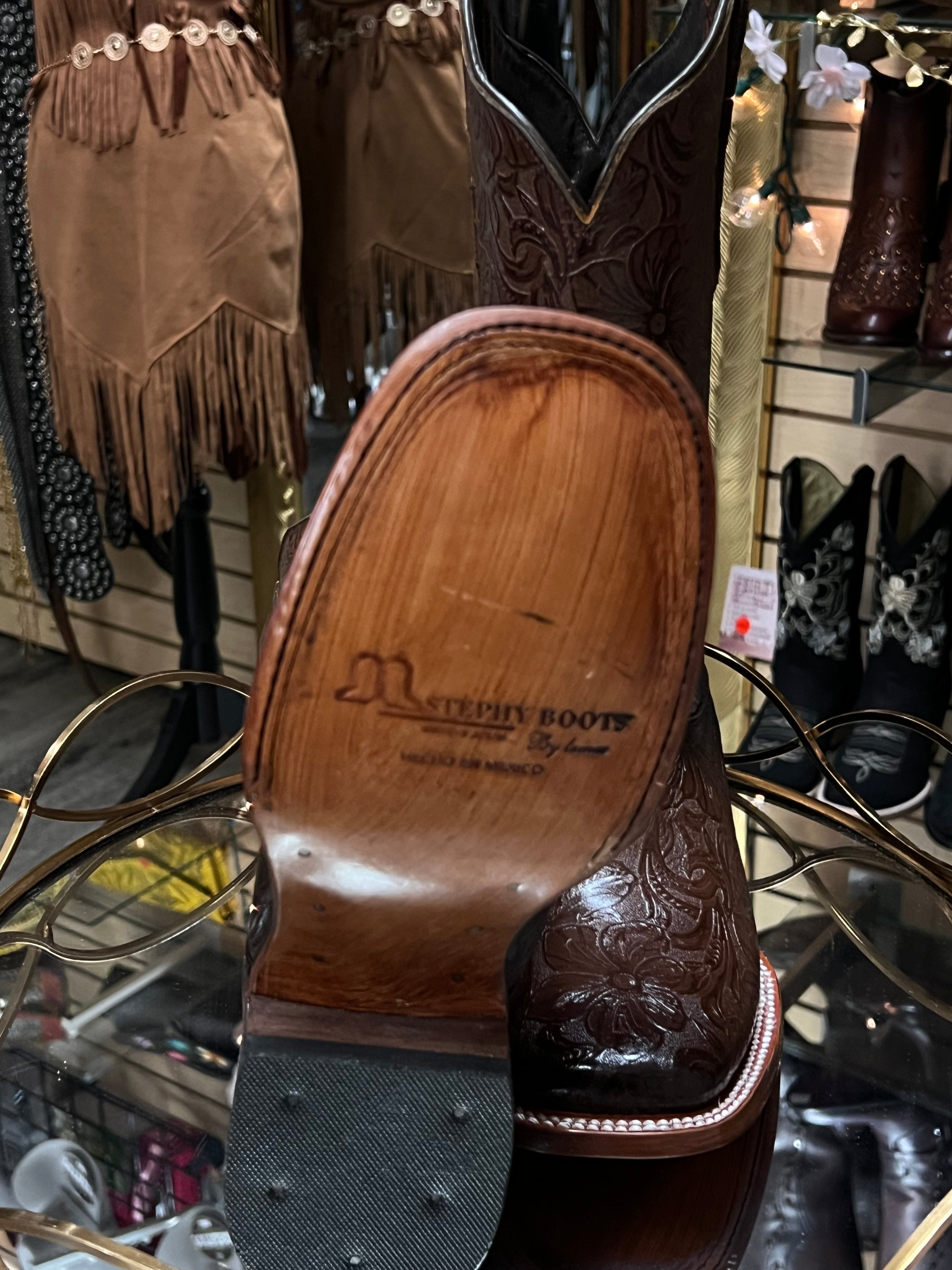 Esther | Square Toe Hand-tooled Boots Brown