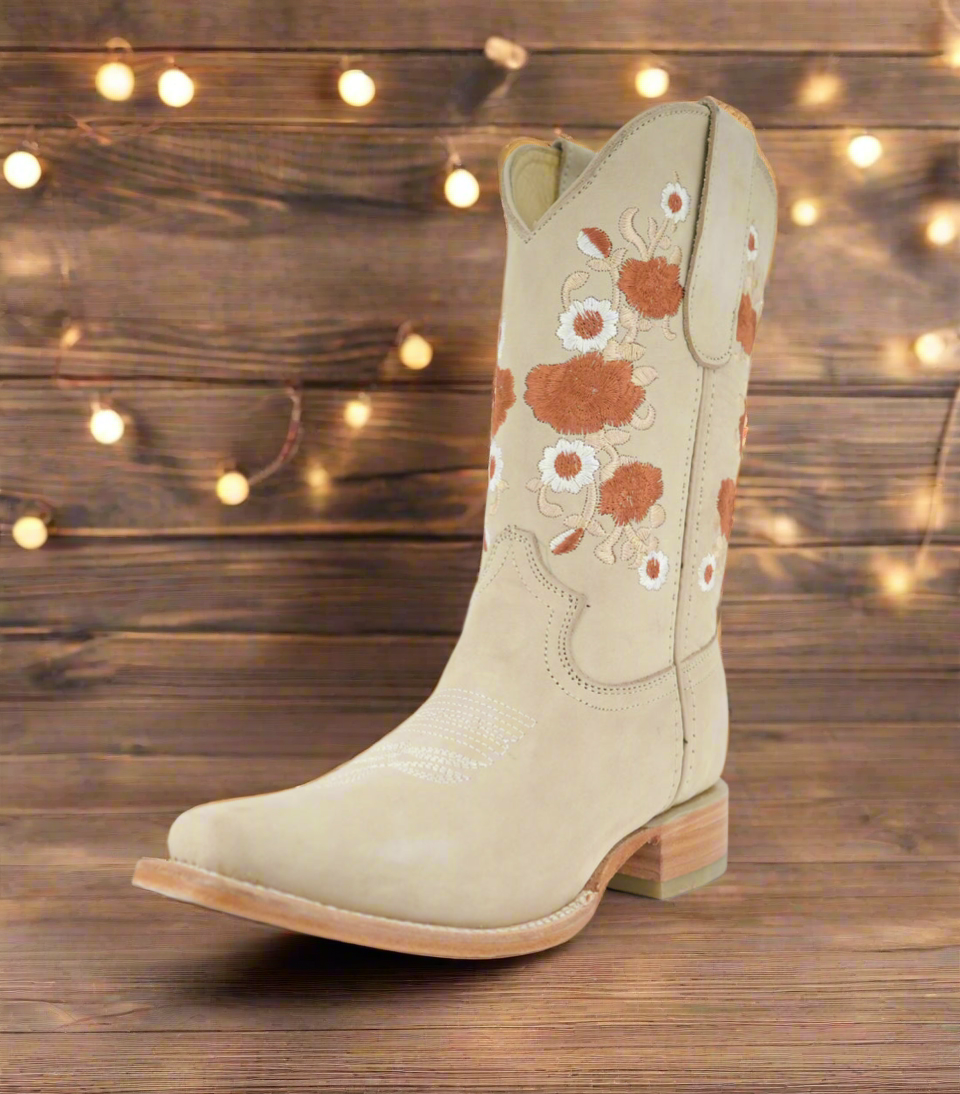 Kimy| Women's Nobuck Bone Floral Square Toe Boot