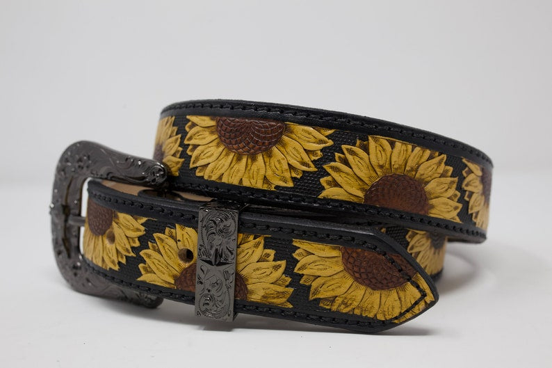 SunFlower HandTooled Belt, Western Leather Belt, Hand Painted Belt with Removable Western Buckle