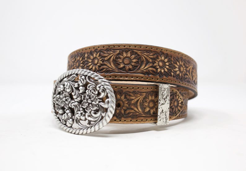 HandTooled Sunflower Belt, (1.5’’) Hand Painted Belt with Removable Rope Edge Western Sunflower Buckle