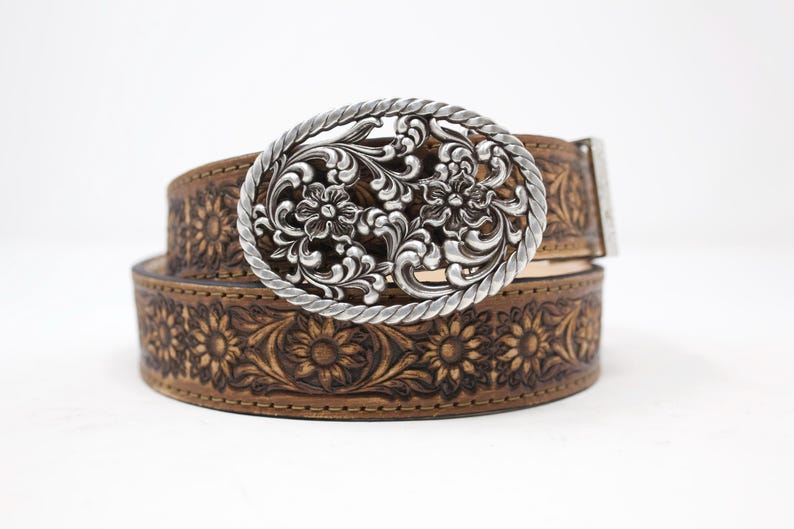 HandTooled Sunflower Belt, (1.5’’) Hand Painted Belt with Removable Rope Edge Western Sunflower Buckle