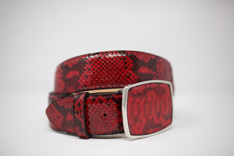 Red Snake Belt, Exotic Leather Belt with Removable Western Buckle