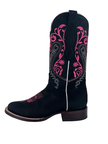 Women's Norma Black Nobuck with Hot Pink Stems Leather Square Toe Rodeo Boot