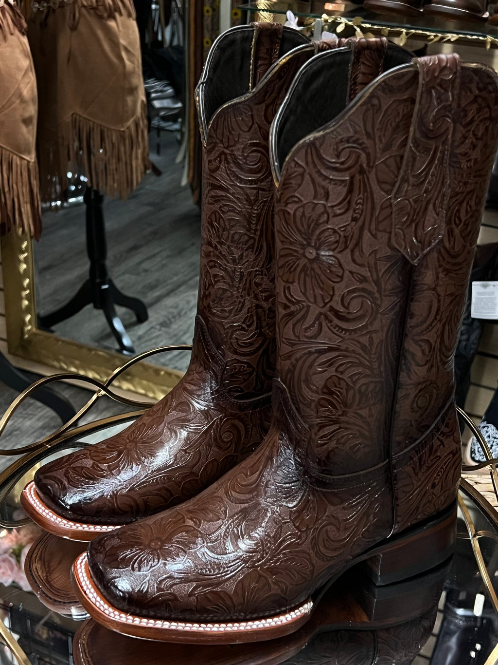 Esther | Square Toe Hand-tooled Boots Brown