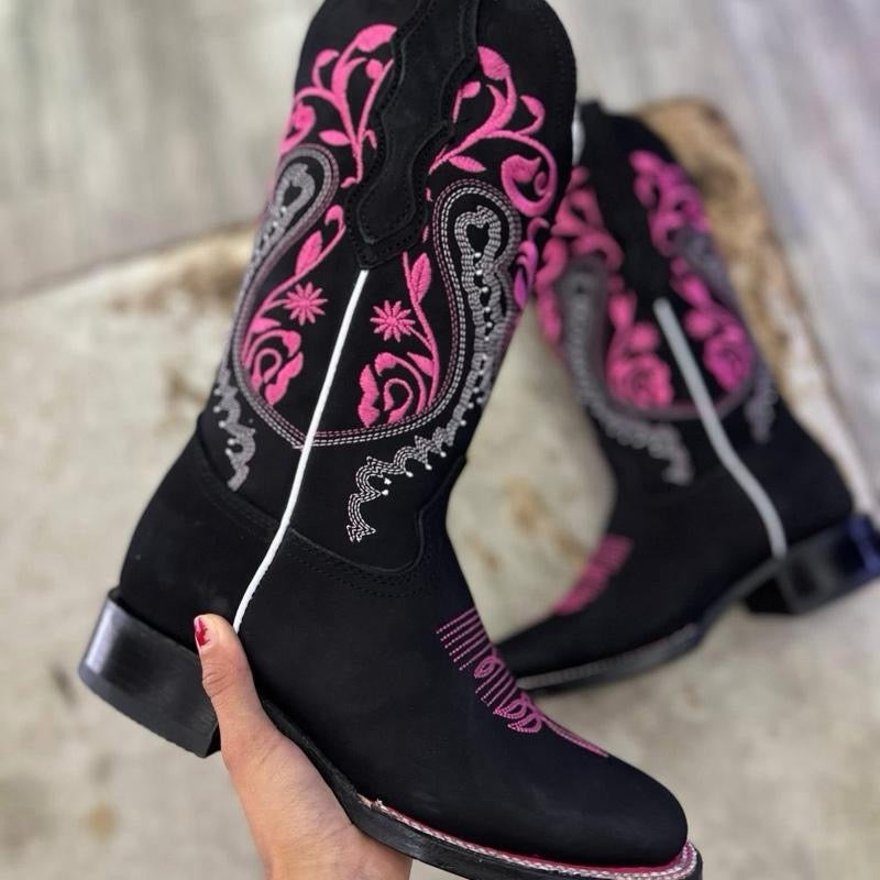 Women's Norma Black Nobuck with Hot Pink Stems Leather Square Toe Rodeo Boot