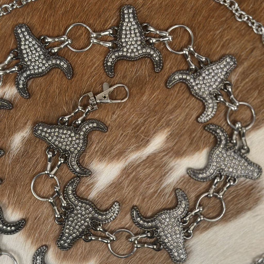 WOMEN’S WESTERN STYLE RHINESTONE BULL HEAD CONCHO CHAIN BELT