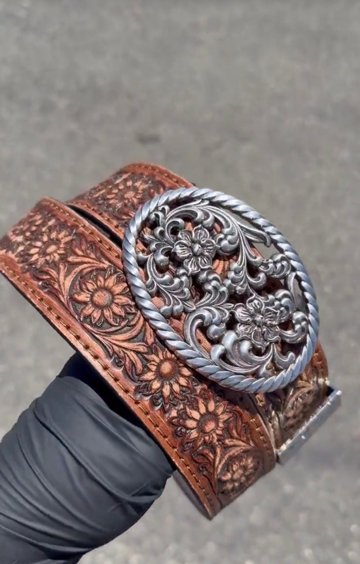 HandTooled Sunflower Belt, (1.5’’) Hand Painted Belt with Removable Rope Edge Western Sunflower Buckle