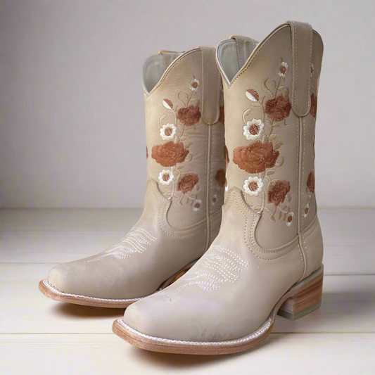 Kimy| Women's Nobuck Bone Floral Square Toe Boot