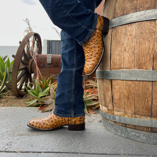 MEN'S OSTRICH SQUARE TOE COWBOY BOOTS AND BELT COMBO