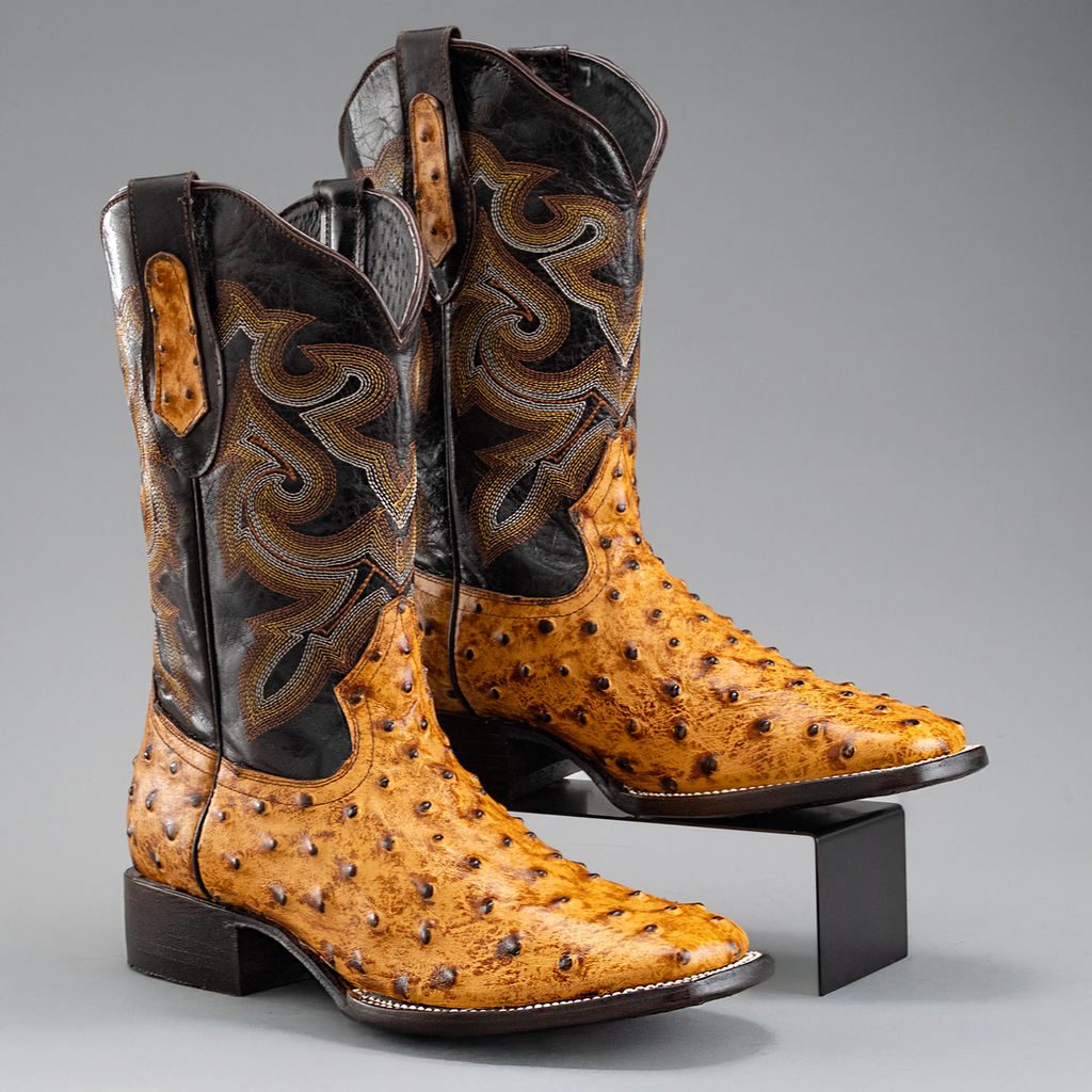 MEN'S OSTRICH LEATHER SQUARE TOE COWBOY BOOTS