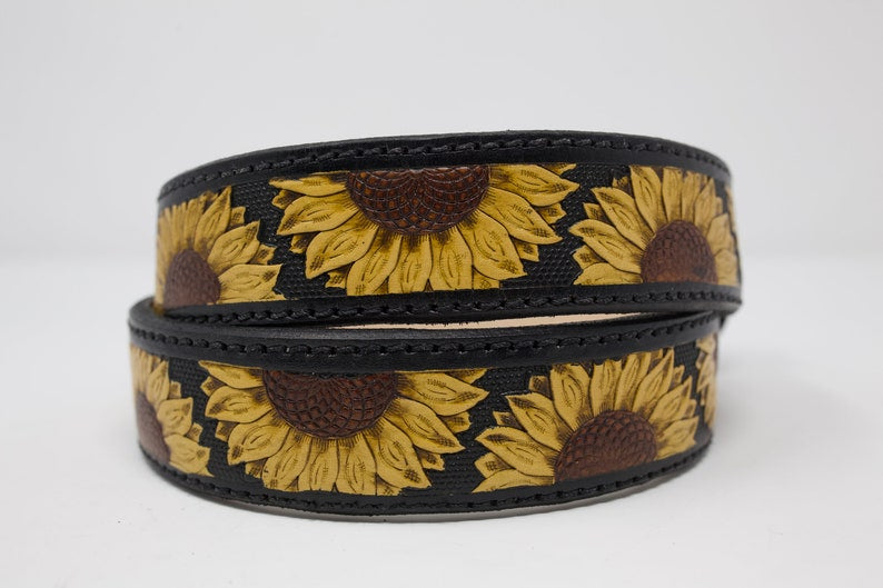 SunFlower HandTooled Belt, Western Leather Belt, Hand Painted Belt with Removable Western Buckle