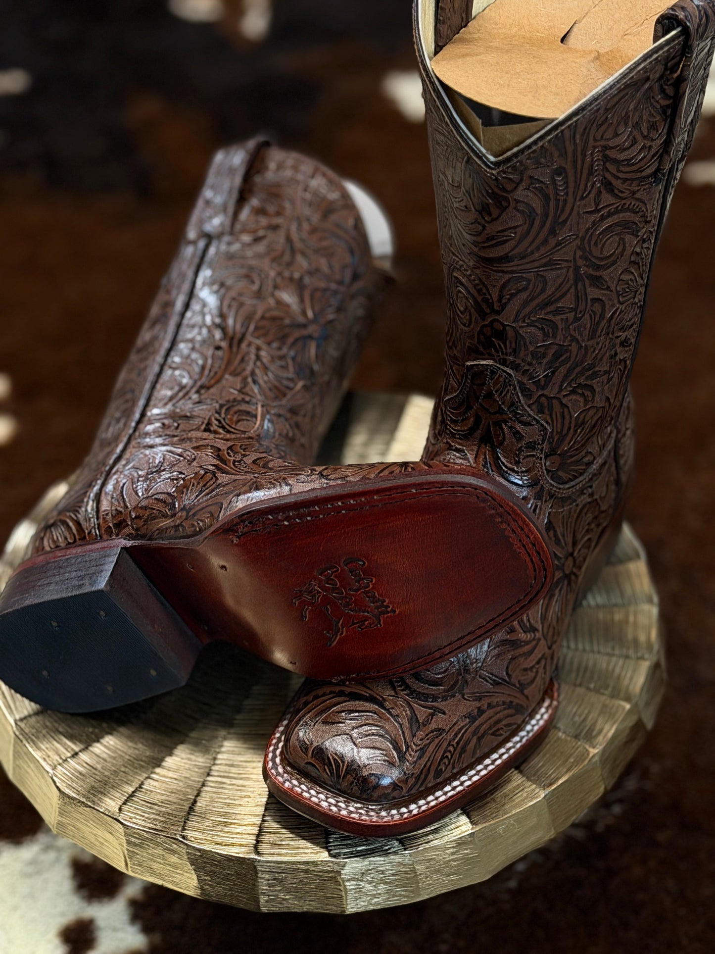 Women Brown Hand Tooled Print Wide Square Toe Boot