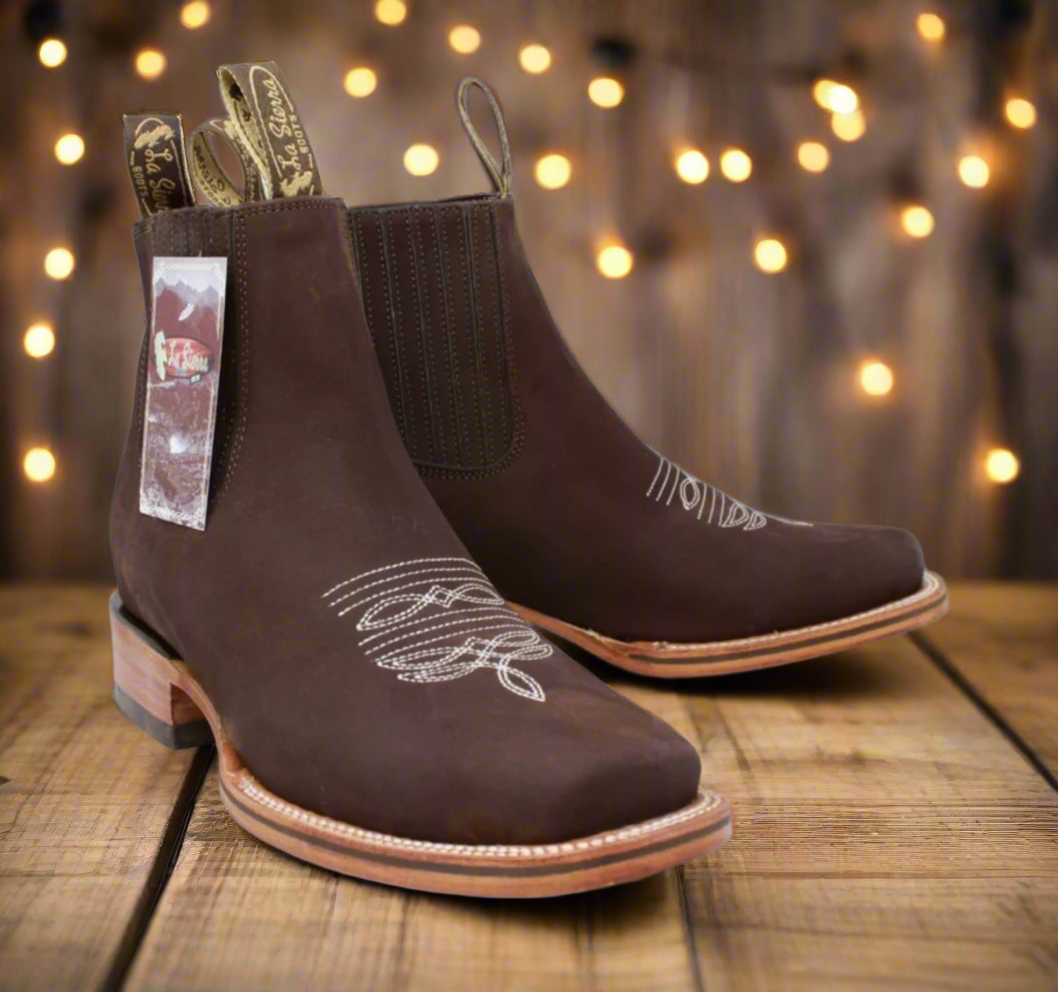 Men's Genuine Leather Square Toe Short Ankle Rodeo Cowboy Boot