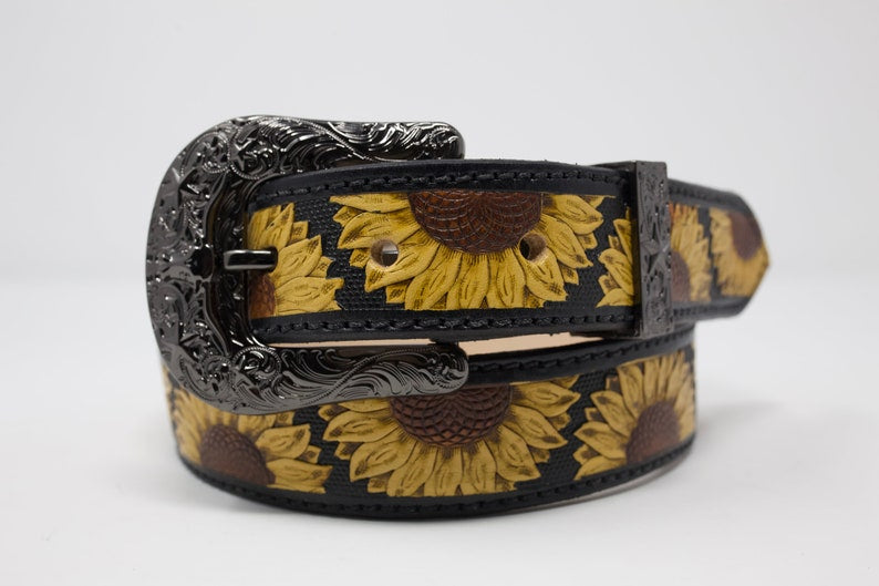 SunFlower HandTooled Belt, Western Leather Belt, Hand Painted Belt with Removable Western Buckle