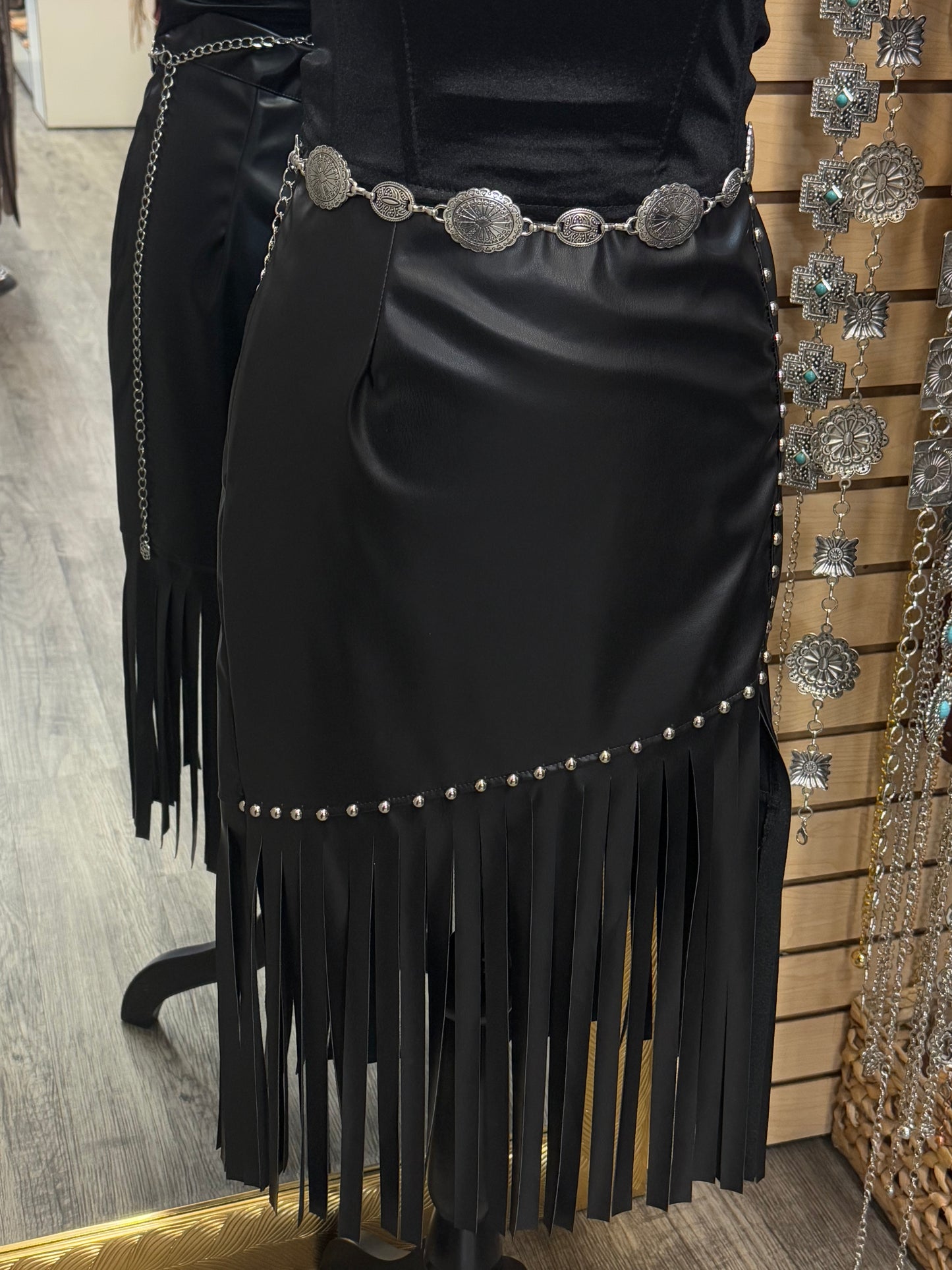Wendy| Faux Leather Fringe Skirt