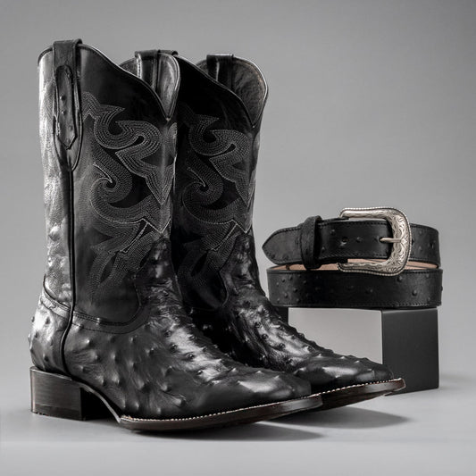 MEN'S OSTRICH SQUARE TOE COWBOY BOOTS AND BELT COMBO