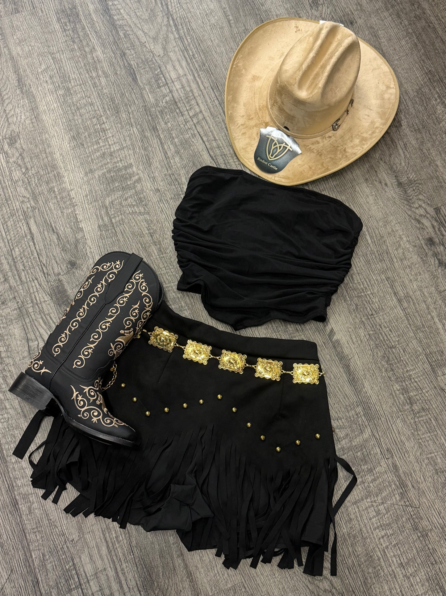 Andrea|Black Fringe Suede Skort