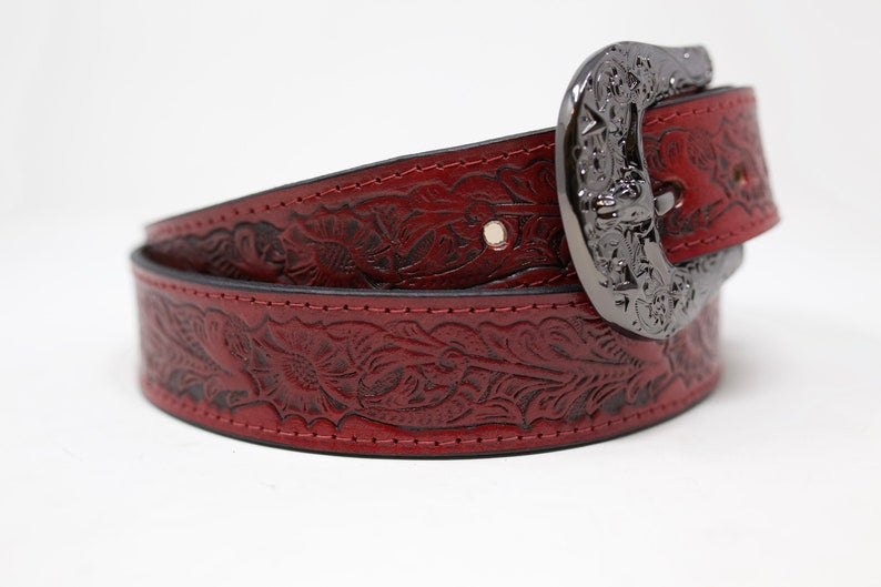 Red Flower HandTooled Belt, (1.5'') Hand Painted Leather Belt with Removable Western Buckle