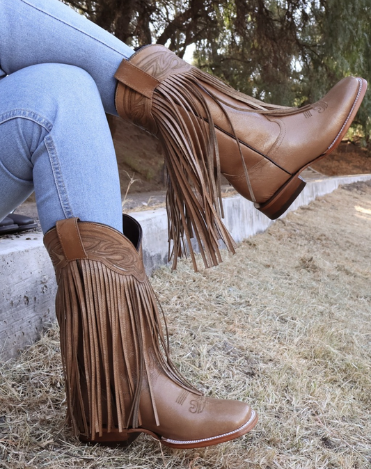 Chloe | Fringe All Leather Wide Square Toe Boots (Beige)