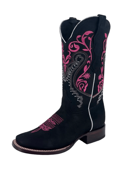 Women's Norma Black Nobuck with Hot Pink Stems Leather Square Toe Rodeo Boot