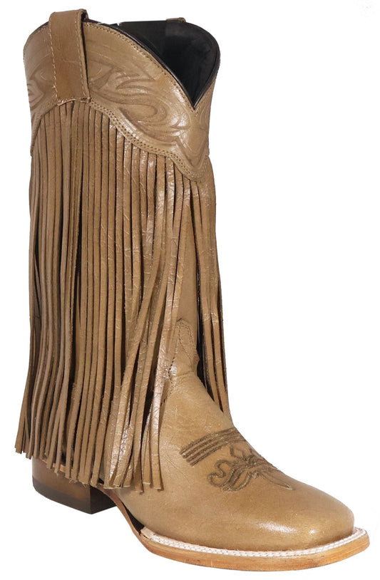 Chloe | Fringe All Leather Wide Square Toe Boots (Beige)