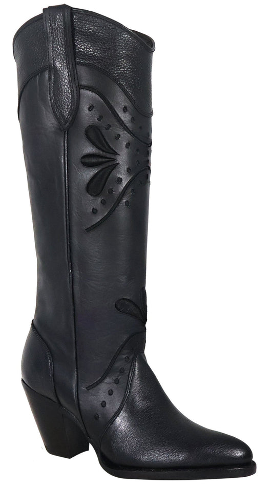 Nora | All Leather Snip Toe Knee High Boots (Black)