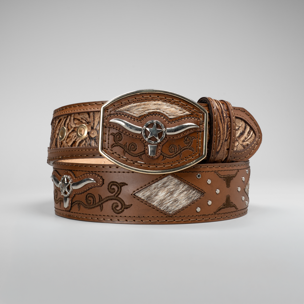 MEN'S METAL BULL LEATHER ARTISANAL EMBROIDERY COWBOY BELT
