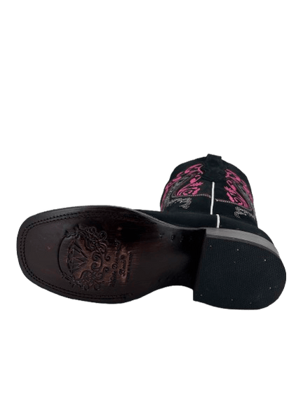 Women's Norma Black Nobuck with Hot Pink Stems Leather Square Toe Rodeo Boot