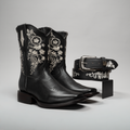 WOMEN'S EMBROIDERED SQUARE TOE COWBOY SHORT BOOTS AND BELT COMBO