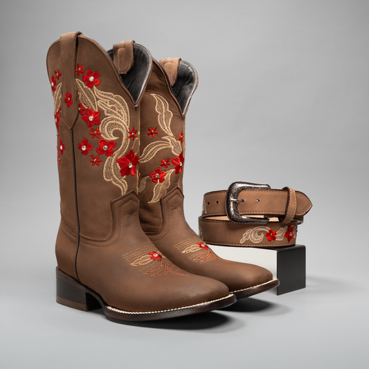 JASMINE |WOMEN'S RED EMBROIDERED SQUARE TOE COWBOY BOOTS AND BELT COMBO
