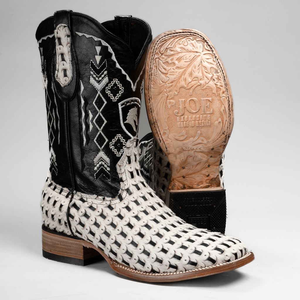 MEN'S BRAIDED LEATHER AND HAIR TRIBUTE SQUARE TOE BOOT (White)