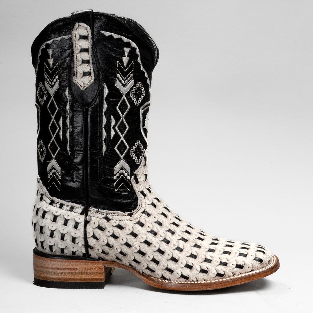 MEN'S BRAIDED LEATHER AND HAIR TRIBUTE SQUARE TOE BOOT (White)